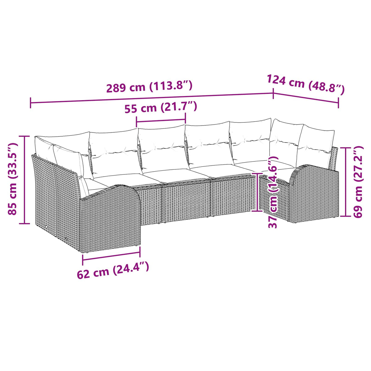 Sjedeća garnitura za vrt 7 kom. Smeđa i crvena poliratan 289 x 124 x 85 cm