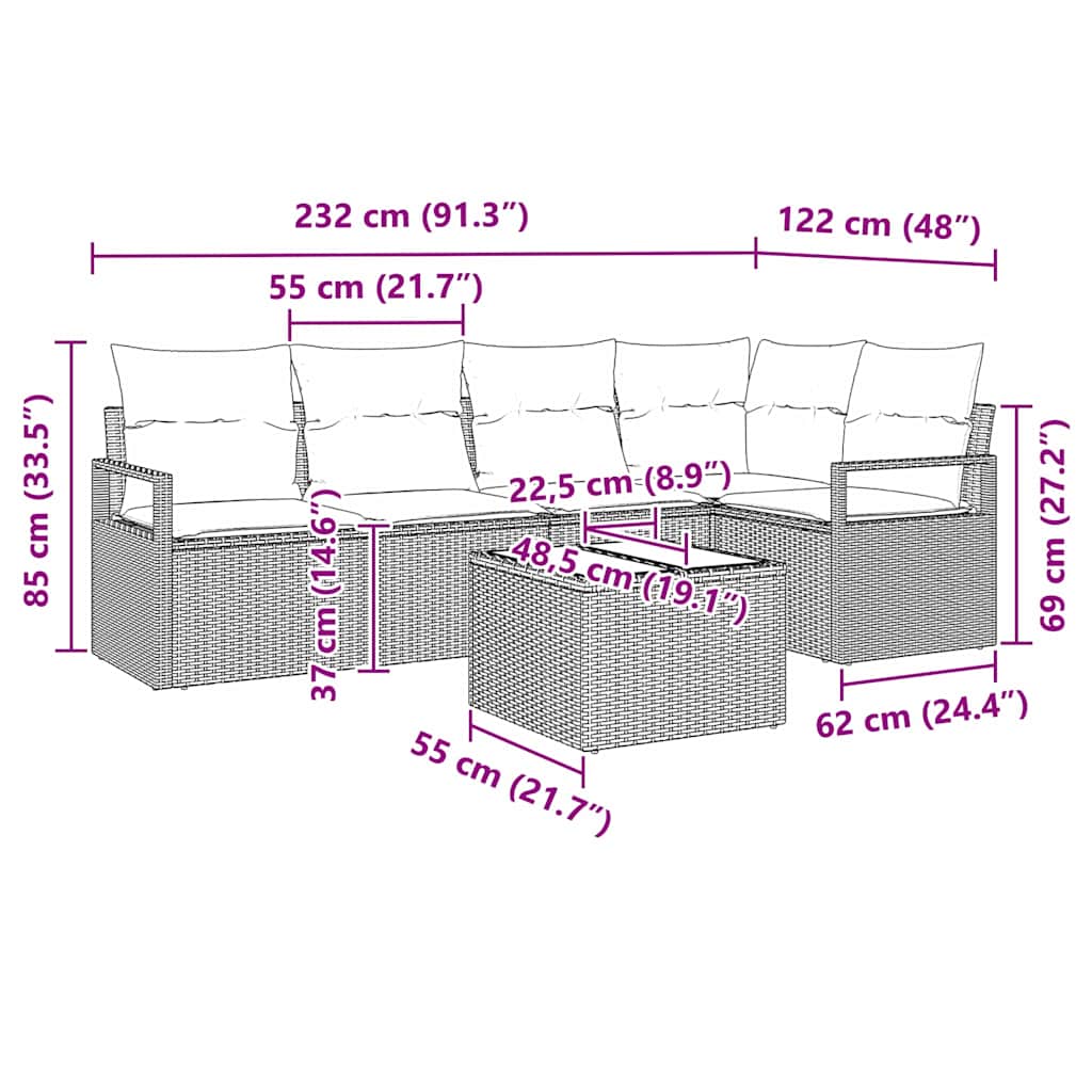 Sjedeća garnitura za vrt 6 kom. Smeđa i krem poliratan 232 x 122 x 85 cm