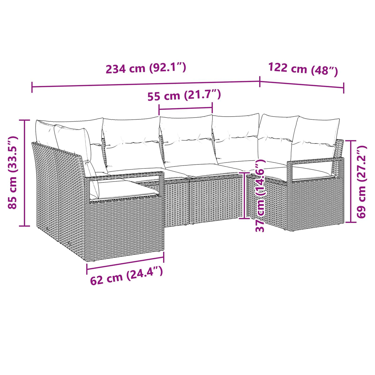 Sjedeća garnitura za vrt 6 kom. Smeđa i crvena poliratan 234 x 122 x 85 cm