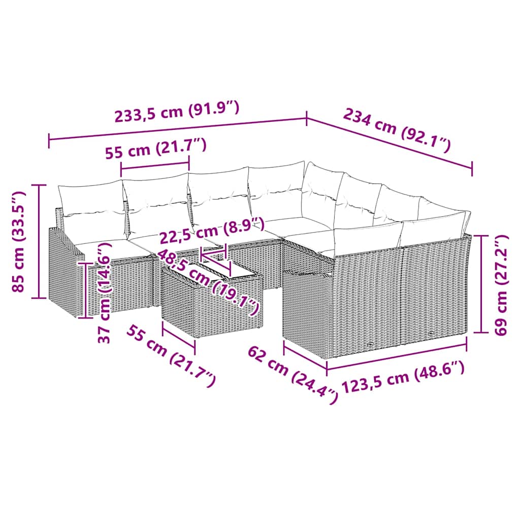 Set sofe 9 kom. Crna poliratan 233,5 x 234 x 85 cm