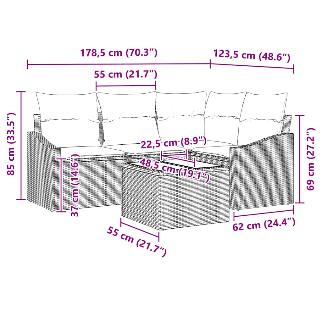 Sjedeća garnitura za vrt 5 kom. Svijetlo siva poliratan Svjetlosiva 178,5 x 123,5 x 85 cm
