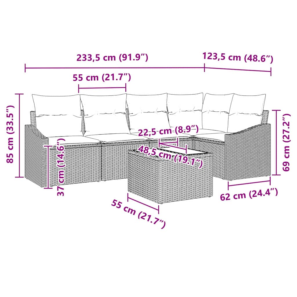 Sjedeća garnitura za vrt 6 kom. Smeđa i krem poliratan 233,5 x 123,5 x 85 cm