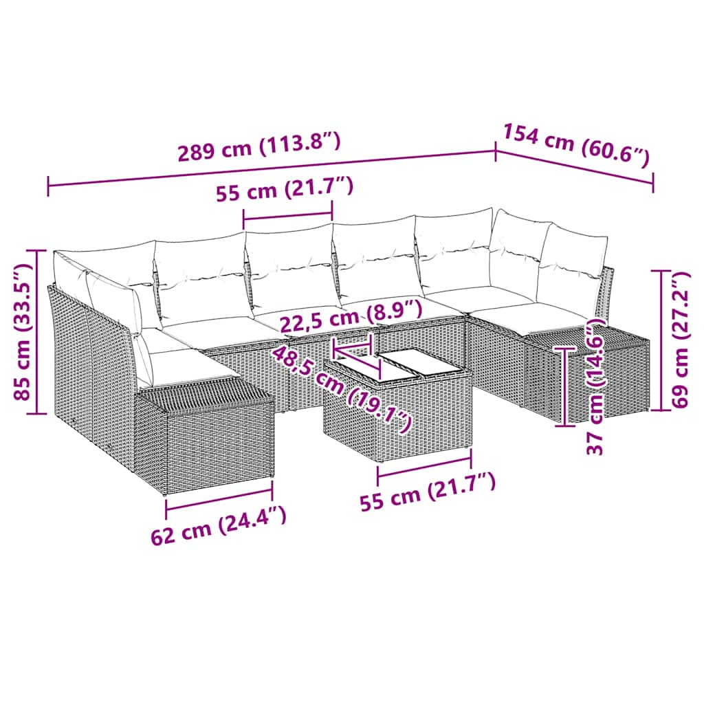 Sjedeća garnitura za vrt 8 kom. Crna poliratan 239 x 62 x 69 cm