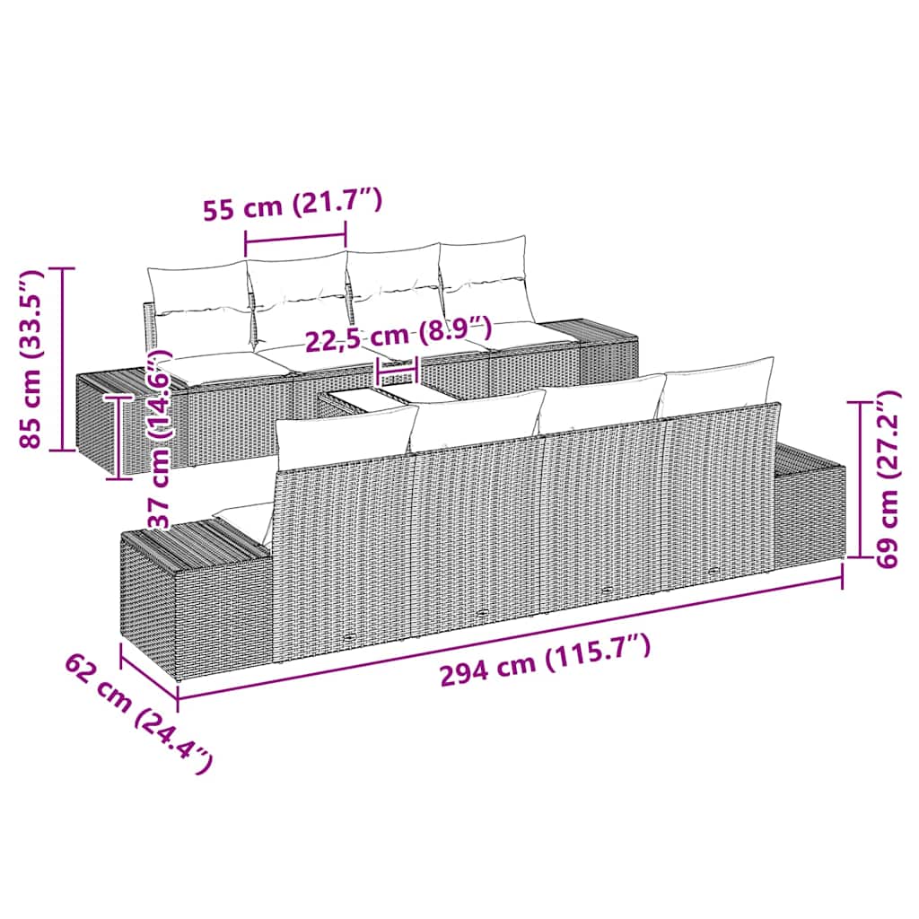 Sjedeća garnitura za vrt 8 kom. Crna poliratan 239 x 62 x 69 cm
