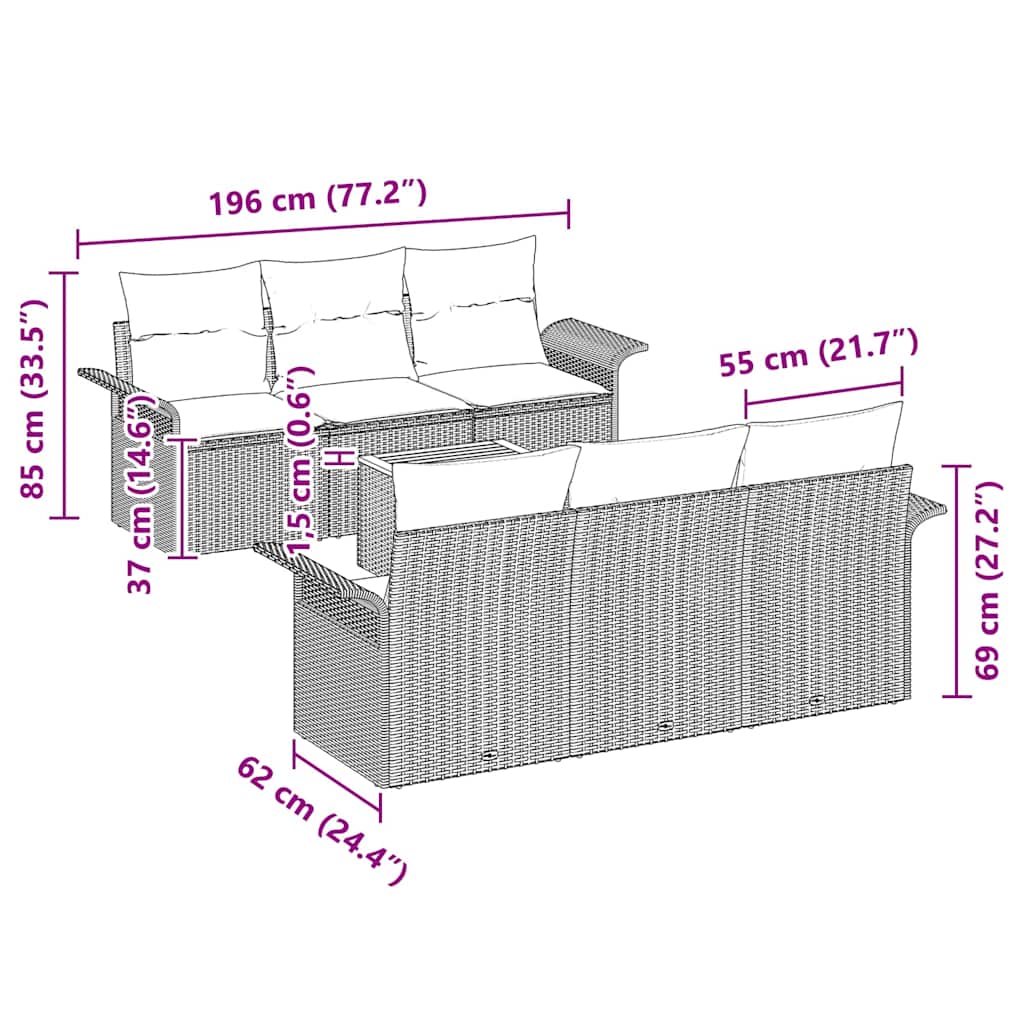 Sjedeća garnitura za vrt 7 kom. 6-Broj sjedala Crna poliratan 196 x 62 x 69 cm
