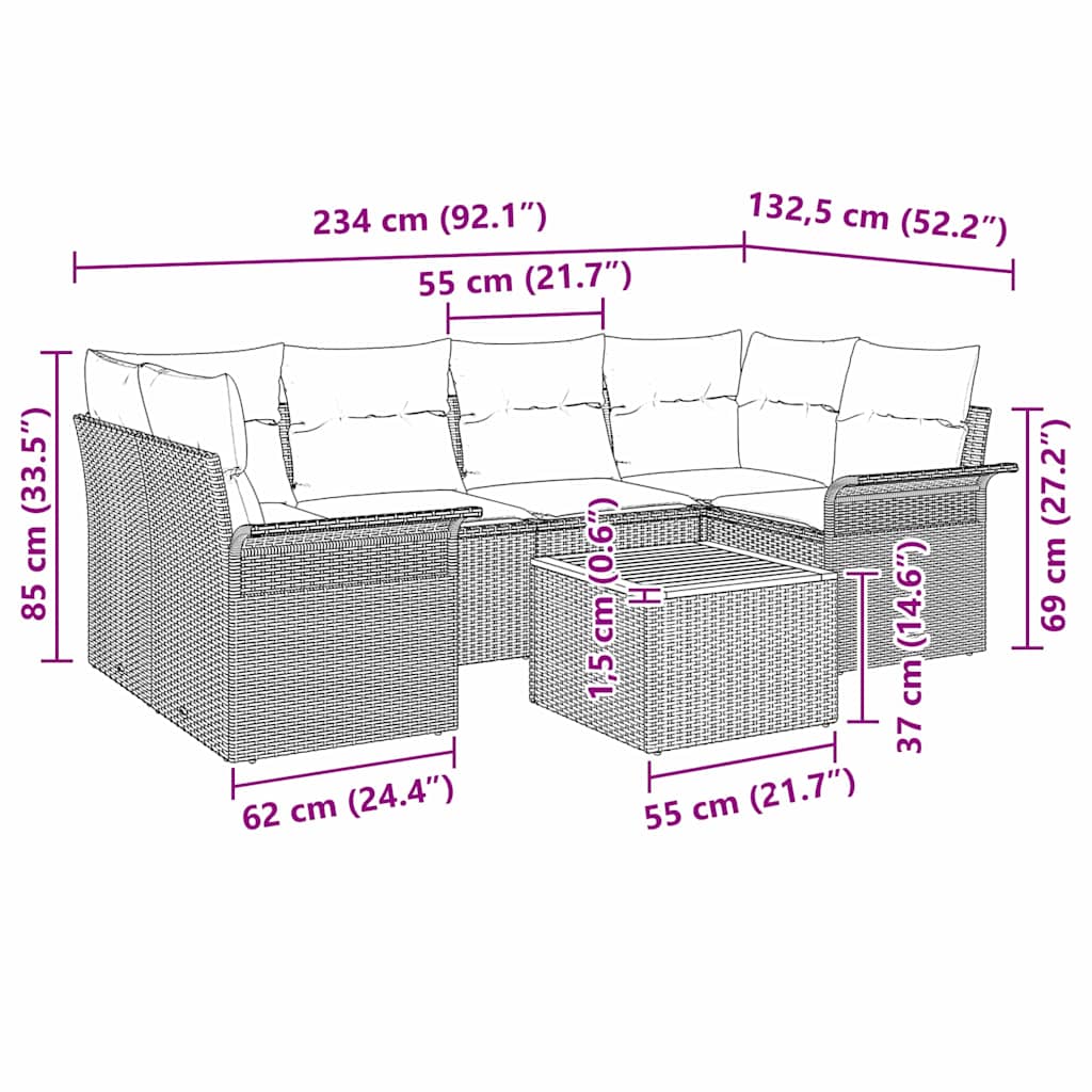 Sjedeća garnitura za vrt 7 kom. 6-Broj sjedala Siva poliratan 234 x 132.5 x 69 cm
