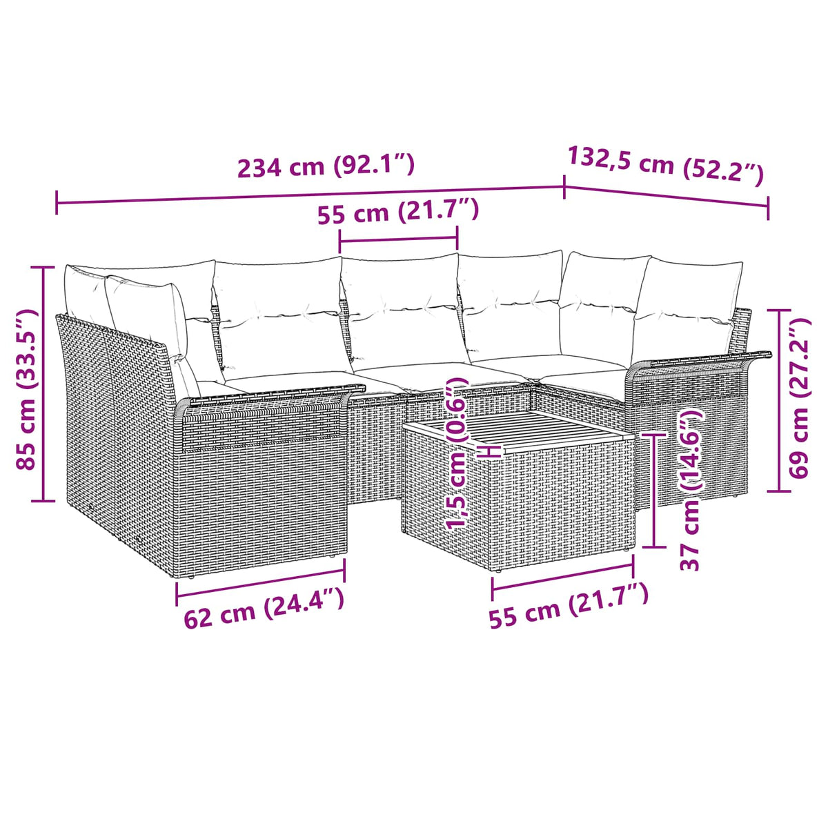 Sjedeća garnitura za vrt 7 kom. 6-Broj sjedala Siva 234 x 132,5 x 69 cm