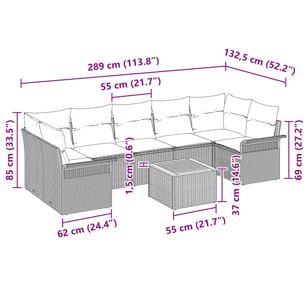 Sjedeća garnitura za vrt 8 kom. 7-Broj sjedala Crna i Krema 298 x 132.5 x 69 cm