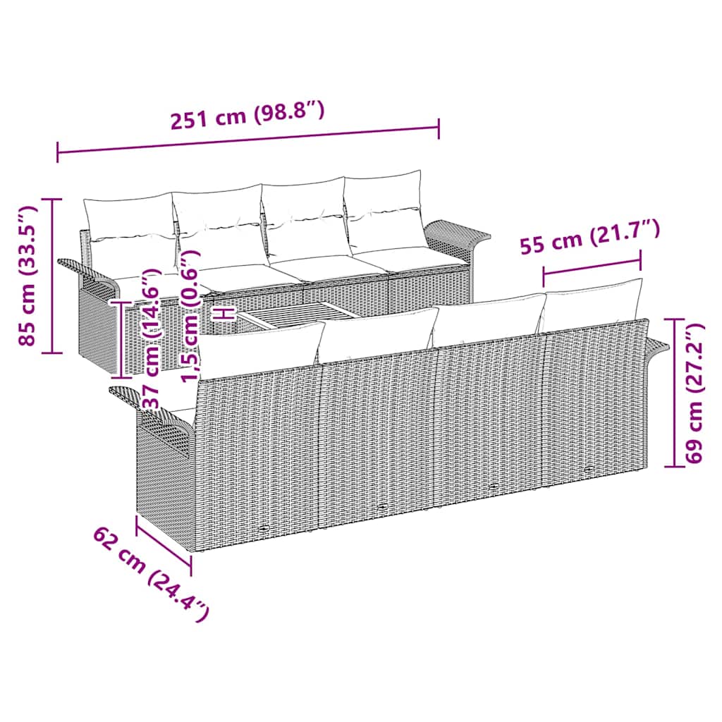 Sjedeća garnitura za vrt 9 kom. Crna poliratan 251 x 62 x 69 cm