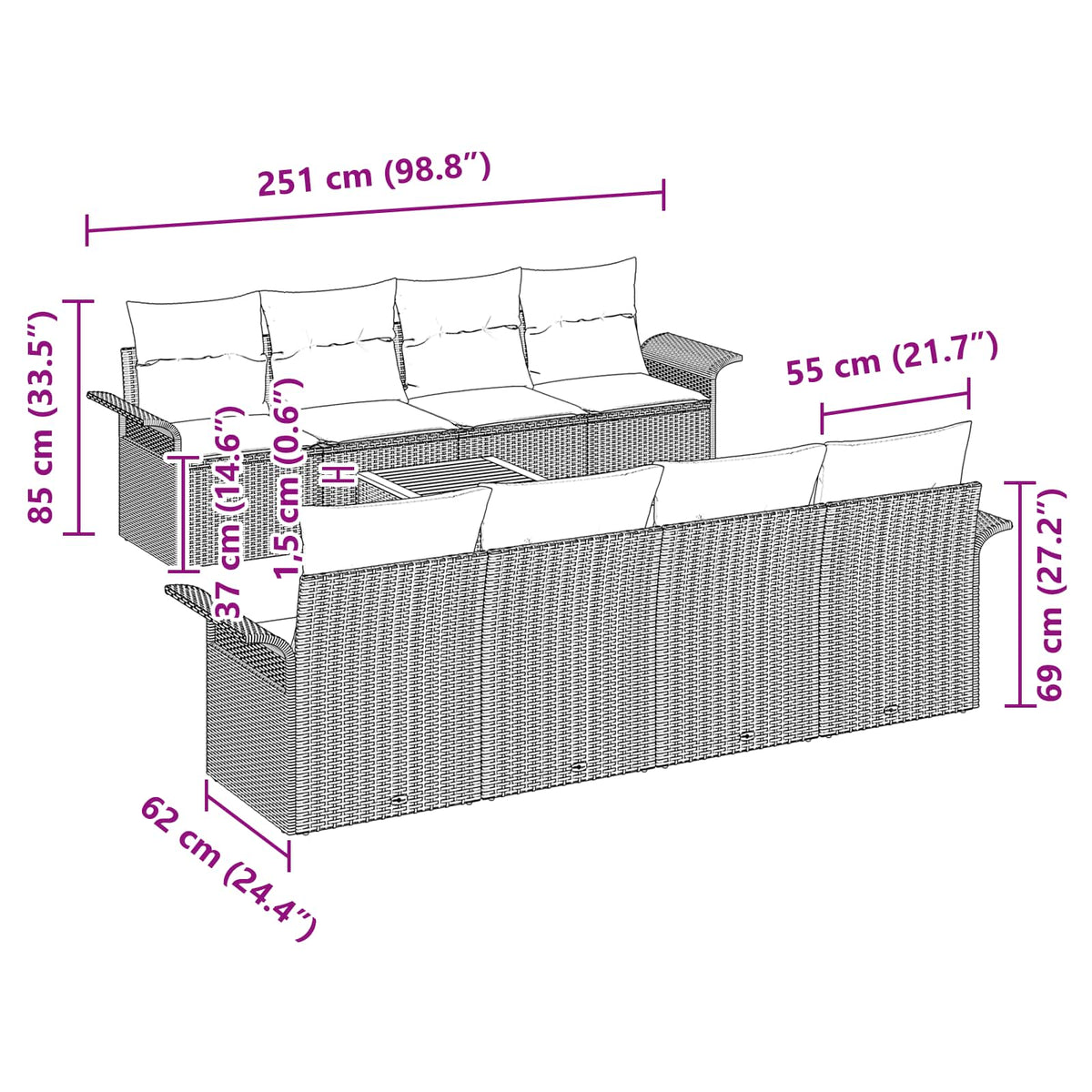 Sjedeća garnitura za vrt 9 kom. 8-Broj sjedala Crna i Tirkizna 251 x 62 x 69 cm