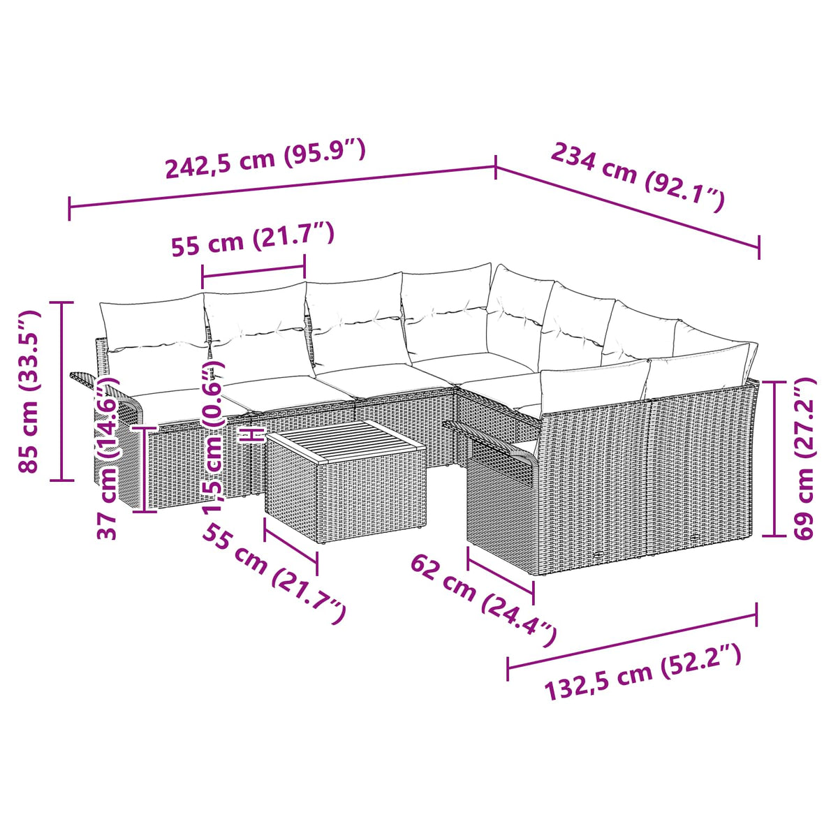 Sjedeća garnitura za vrt 9 kom. 8-Broj sjedala Crna i Tirkizna 242.5 x 234 x 69 cm