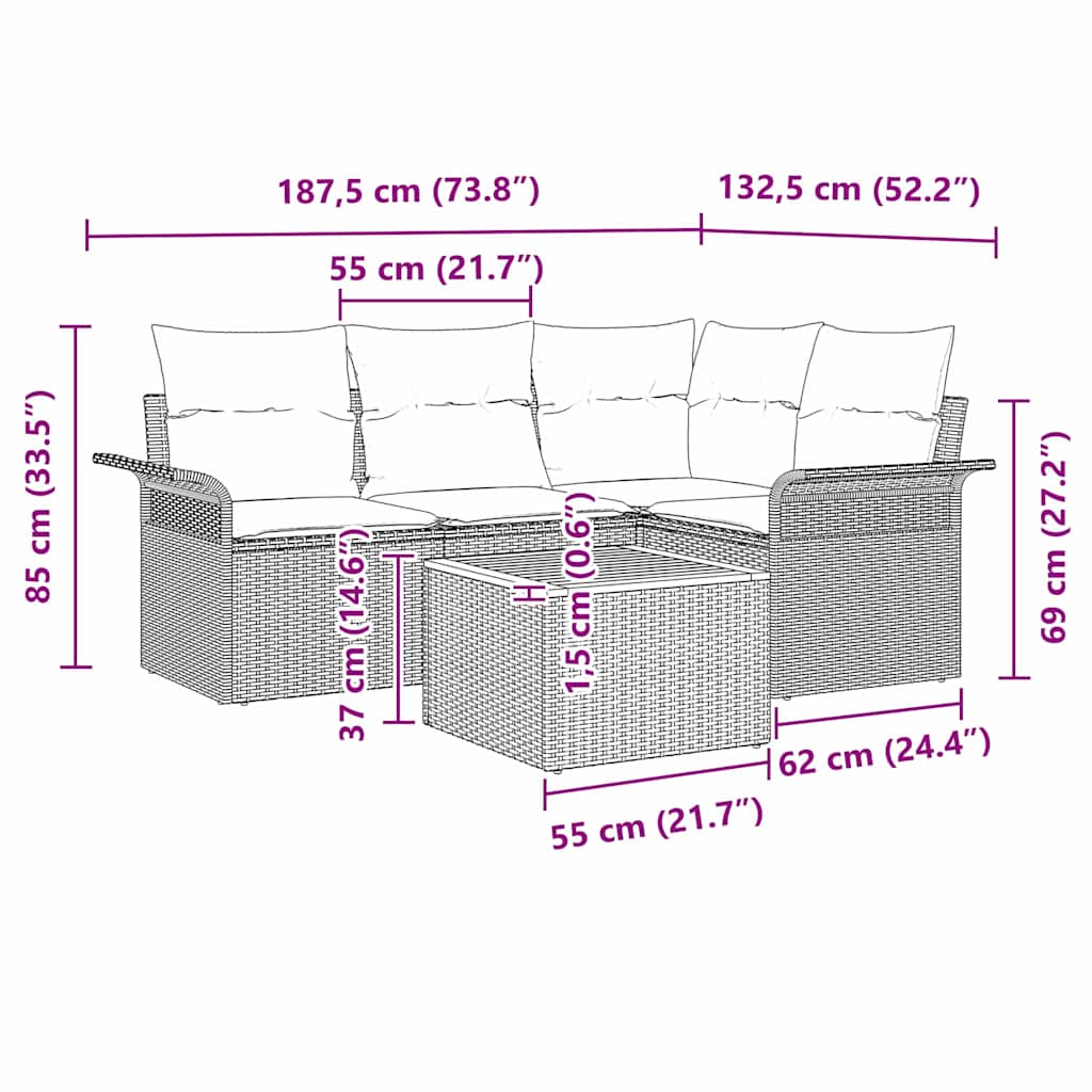 Sjedeća garnitura za vrt 5 kom. 4-Broj sjedala Bež i krema 187,5 x 132,5 x 69 cm