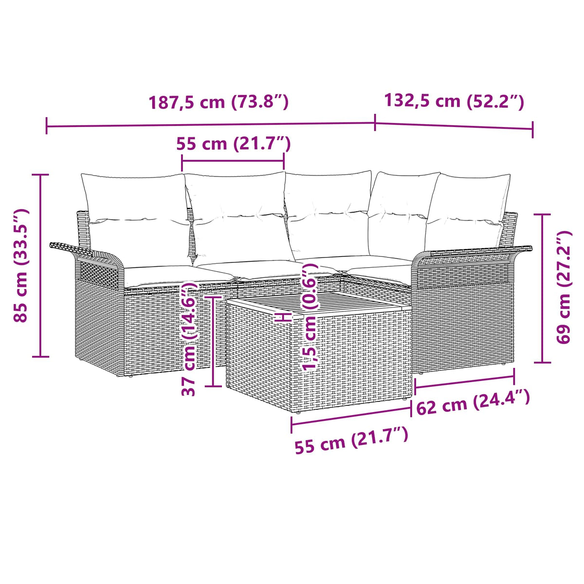 Sjedeća garnitura za vrt 5 kom. 4-Broj sjedala Crna i Tirkizna 187,5 x 132,5 x 69 cm