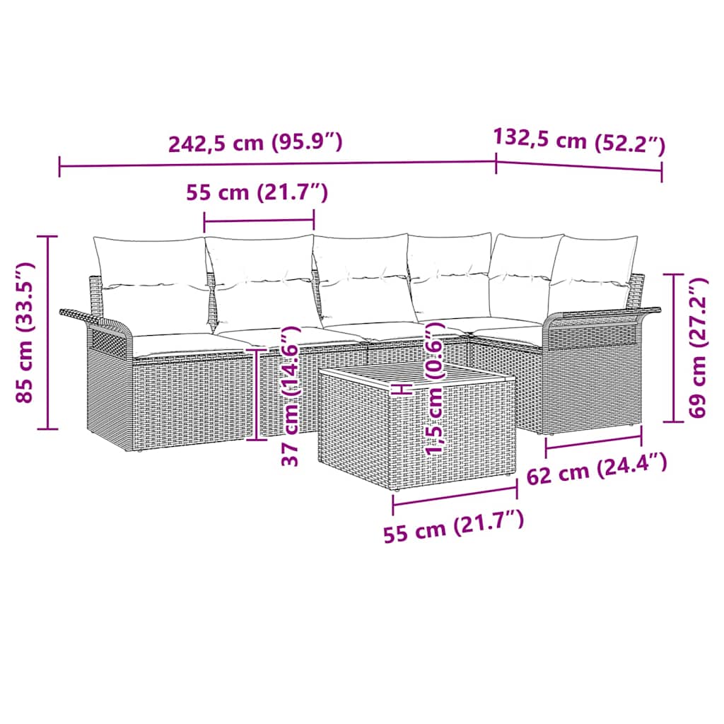 Sjedeća garnitura za vrt 6 kom. 5-Broj sjedala Bež i krema 242,5 x 132,5 x 69 cm