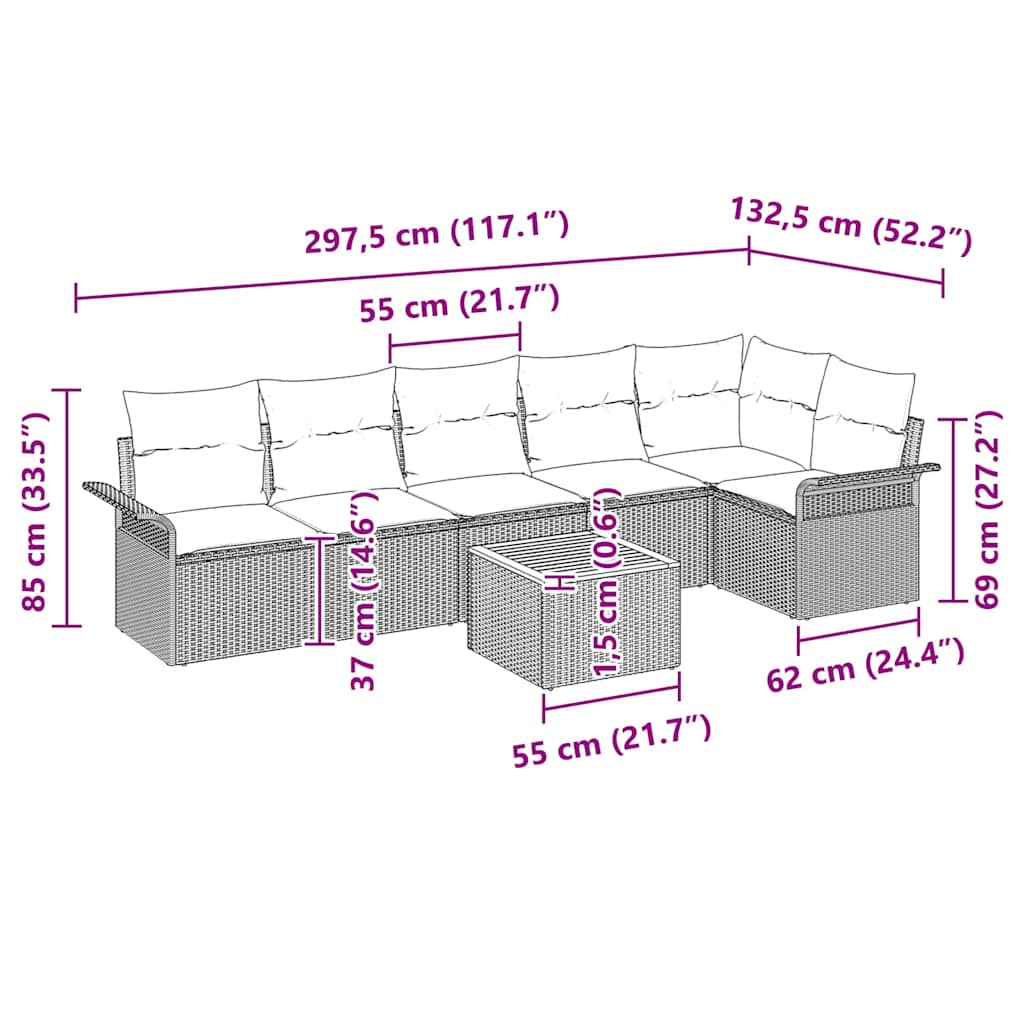 Sjedeća garnitura za vrt 7 kom. 6-Broj sjedala Crna i Krema 297,5 x 132,5 x 69 cm