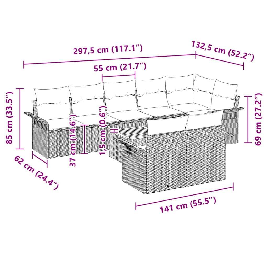 Sjedeća garnitura za vrt 9 kom. 8-Broj sjedala Crna i Krema 297,5 x 132,5 x 69 cm