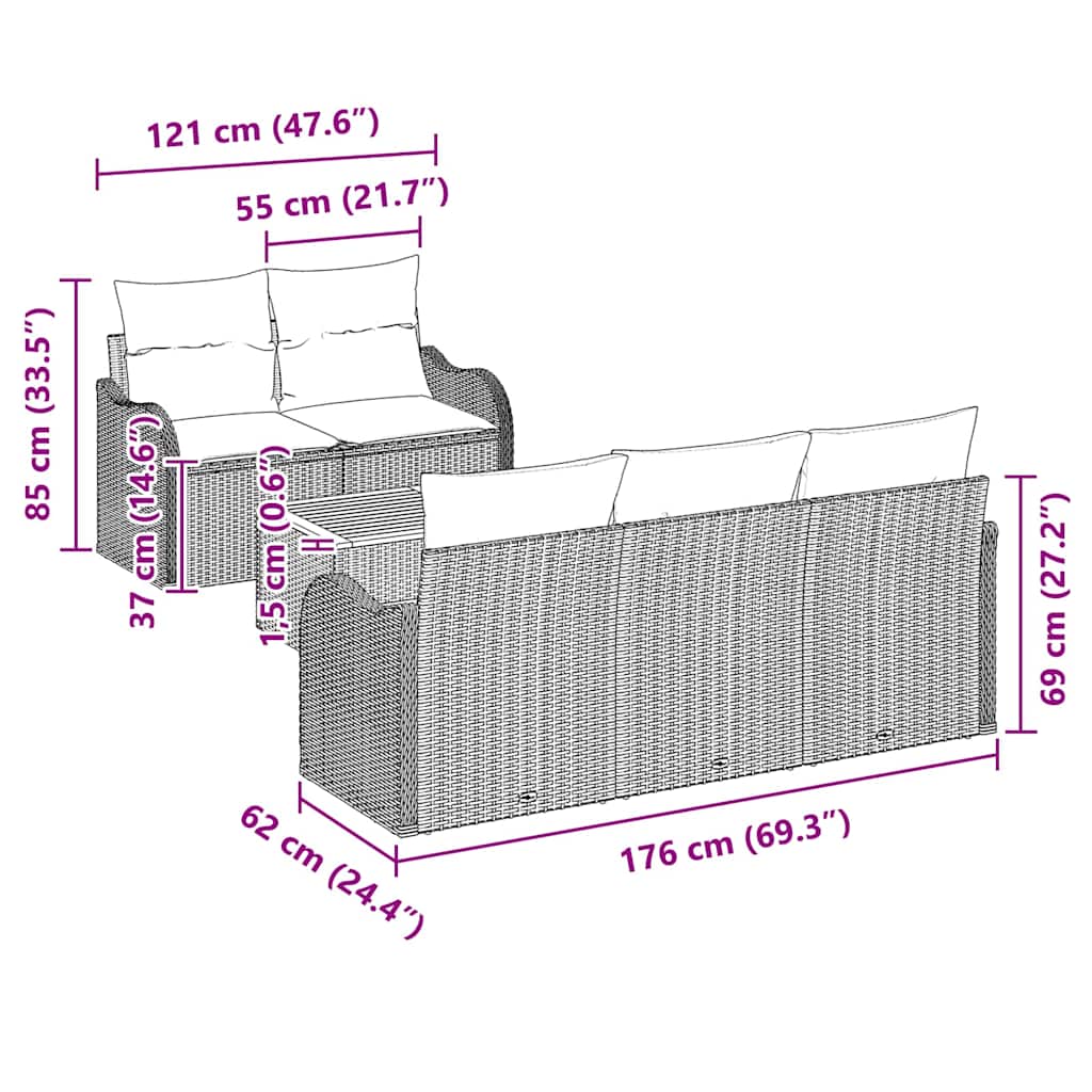 Sjedeća garnitura za vrt 6 kom. 5-Broj sjedala Siva poliratan 176 x 62 x 69 cm