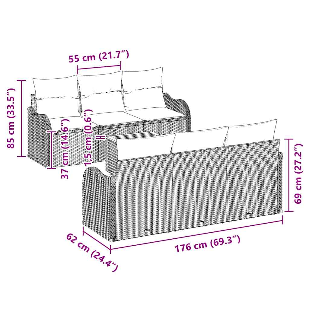 Sjedeća garnitura za vrt 7 kom. Crna poliratan 176 x 62 x 69 cm