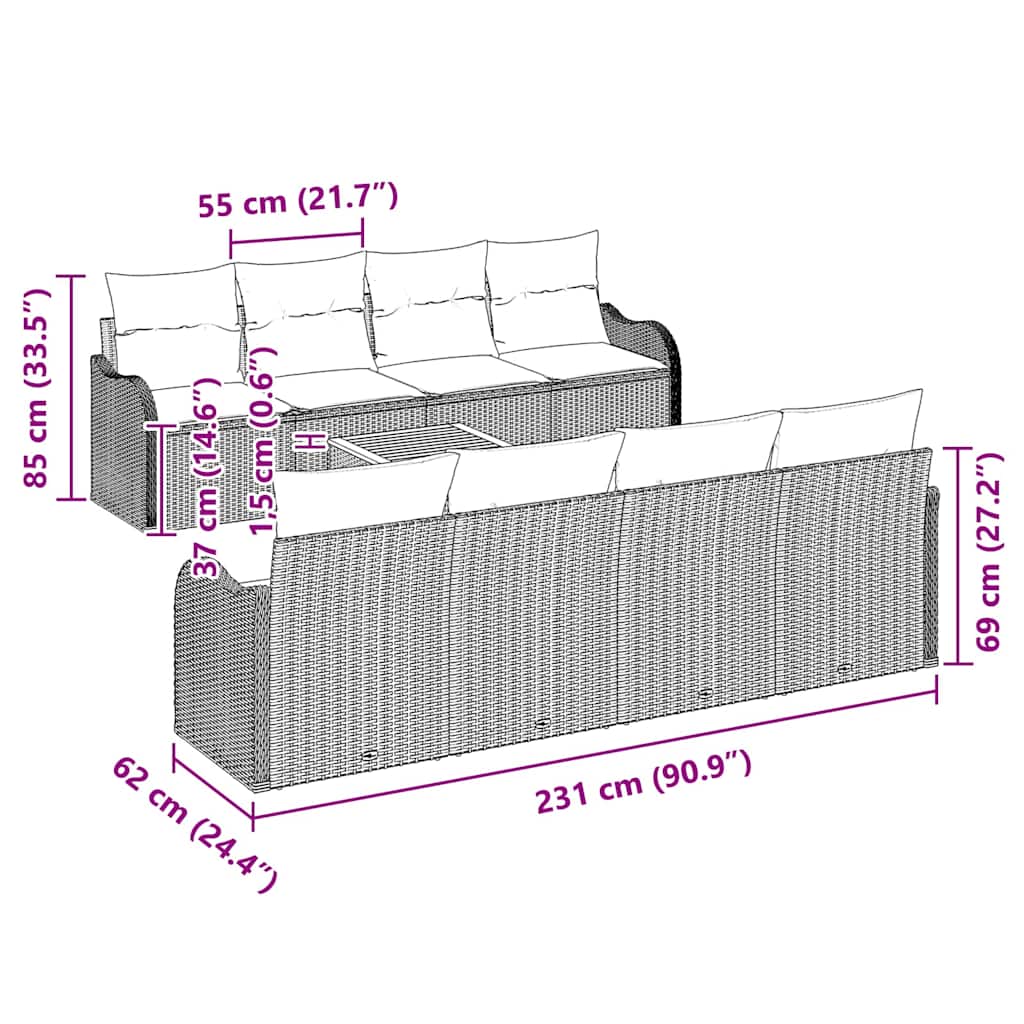 Sjedeća garnitura za vrt 9 kom. Siva poliratan 231 x 62 x 69 cm