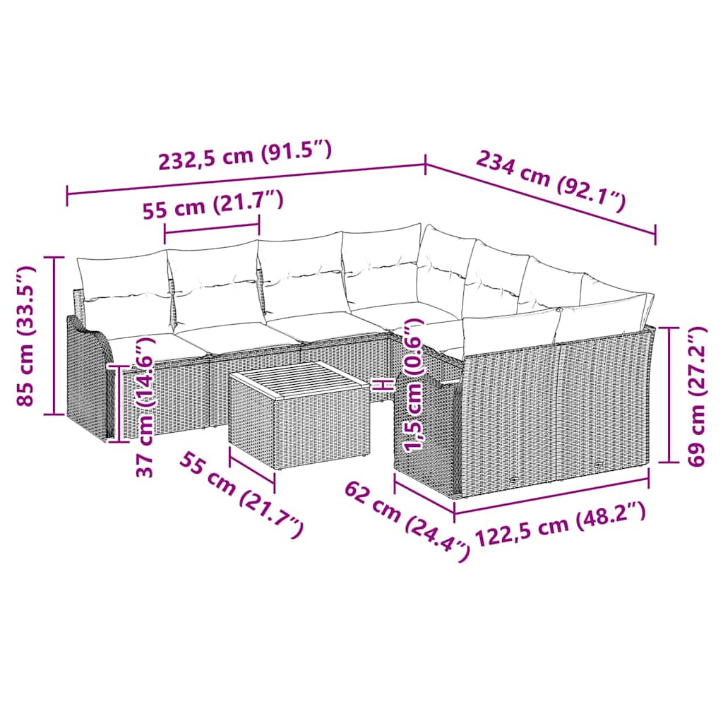Sjedeća garnitura za vrt 9 kom. Siva poliratan 232.5 x 234 x 69 cm