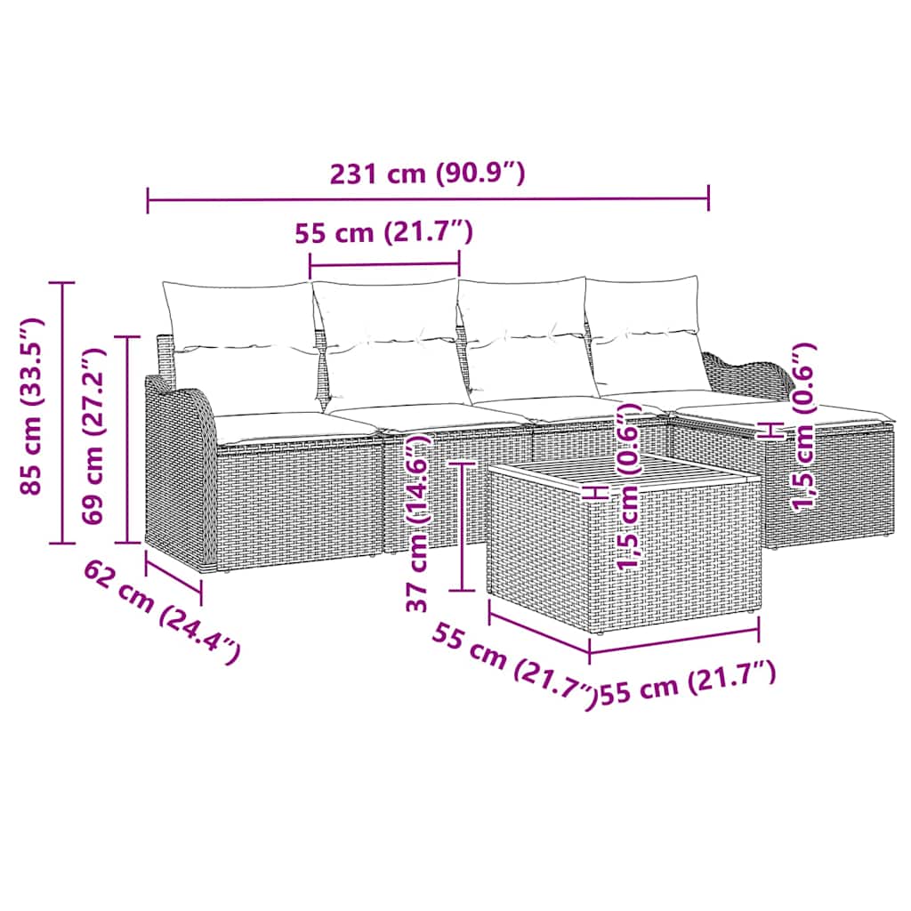 Sjedeća garnitura za vrt 6 kom. Siva poliratan 231 x 62 x 69 cm
