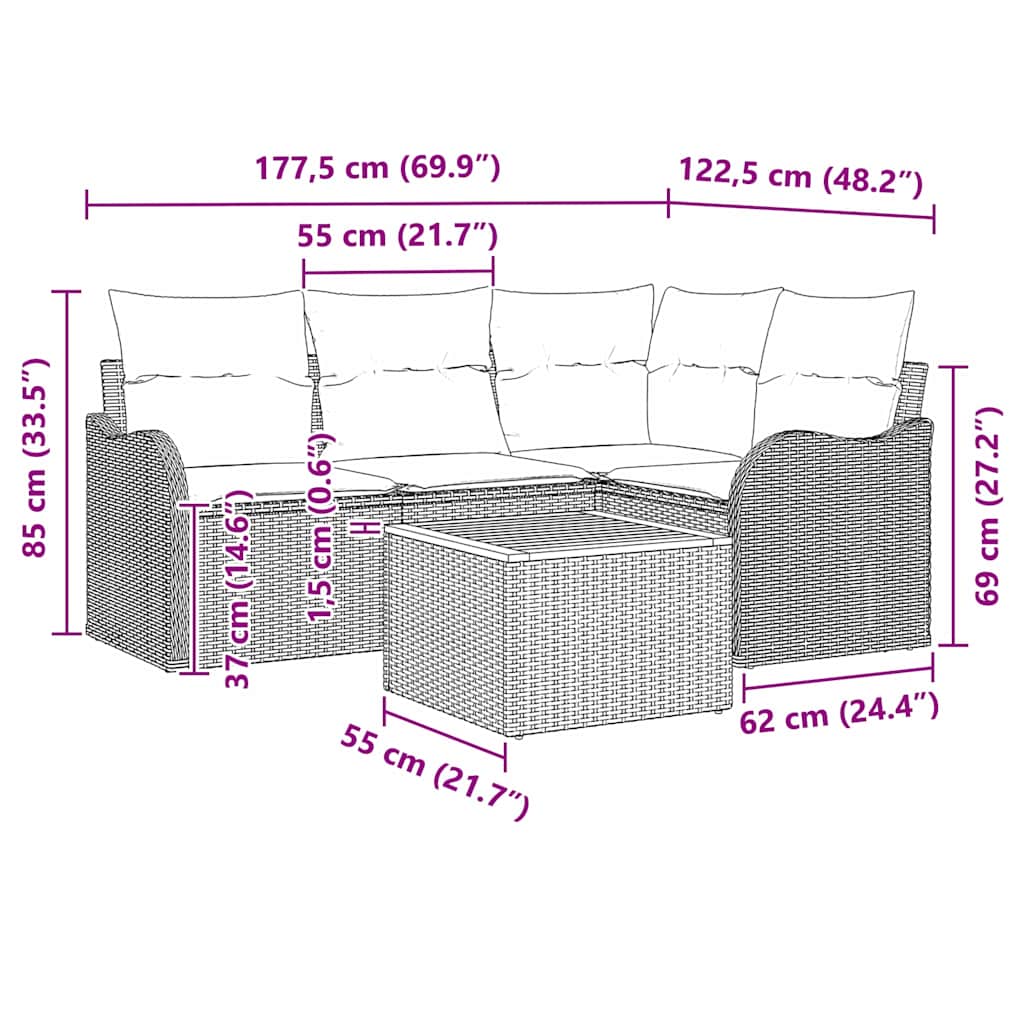 Sjedeća garnitura za vrt 5 kom. Crna poliratan 177,5 x 122,5 x 69 cm