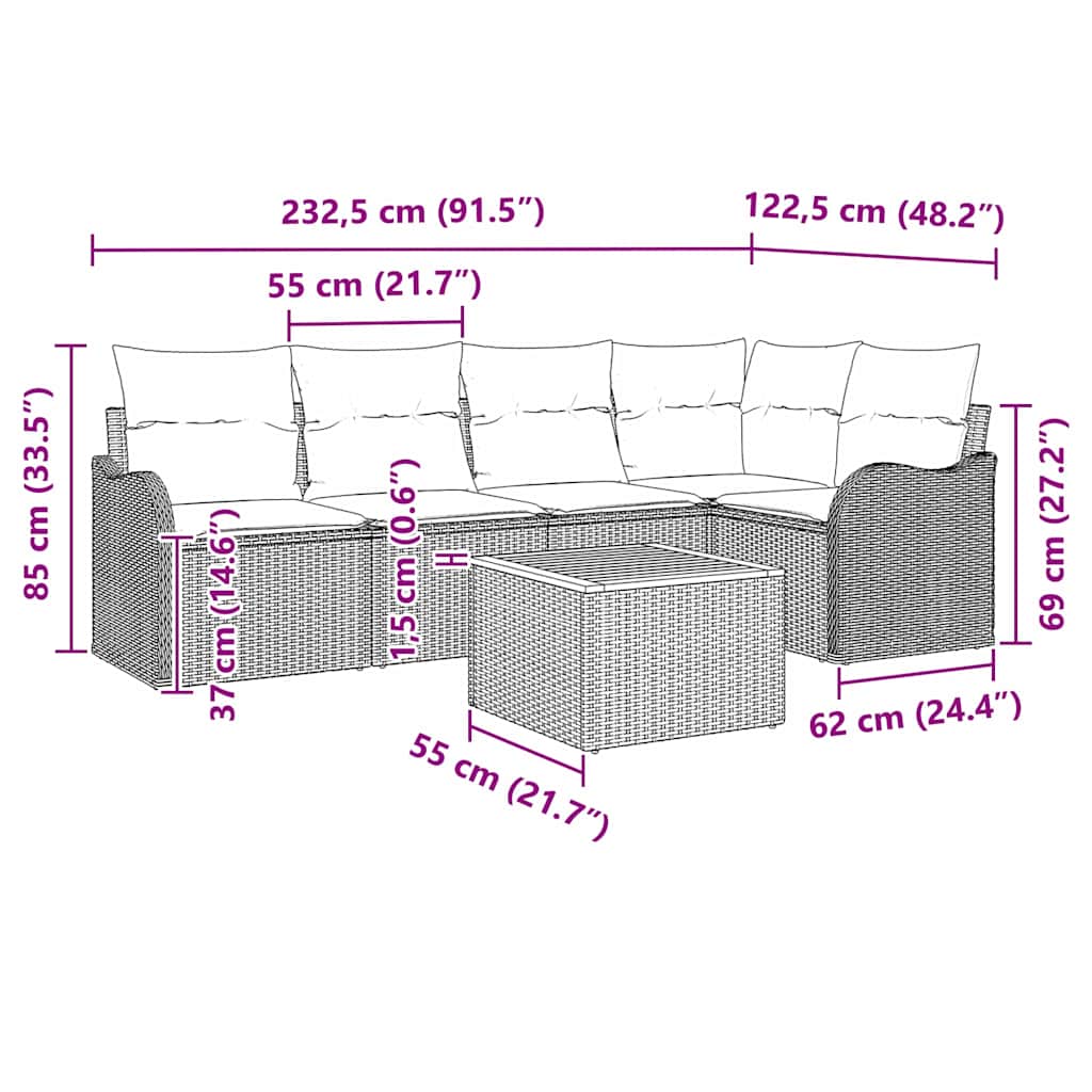 Sjedeća garnitura za vrt 6 kom. Crna poliratan 232,5 x 122,5 x 69 cm