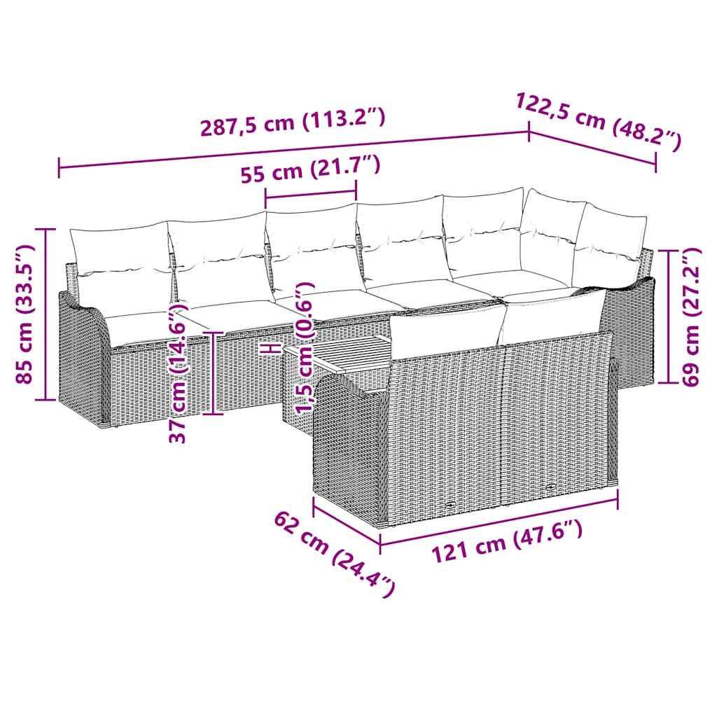 Sjedeća garnitura za vrt 9 kom. Siva poliratan 287,5 x 122,5 x 69 cm