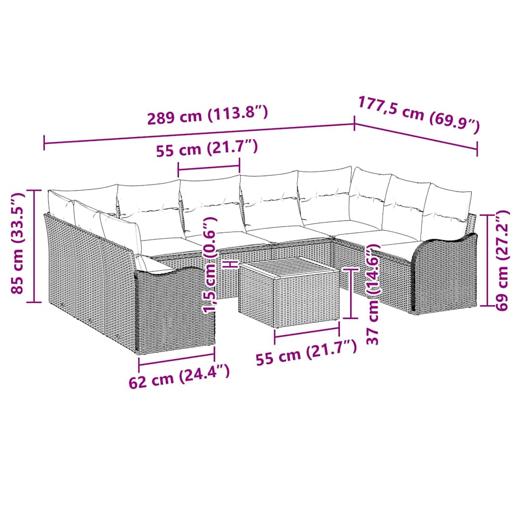 Sjedeća garnitura za vrt 10 kom. Crna i Krema poliratan 289 x 177,5 x 69 cm