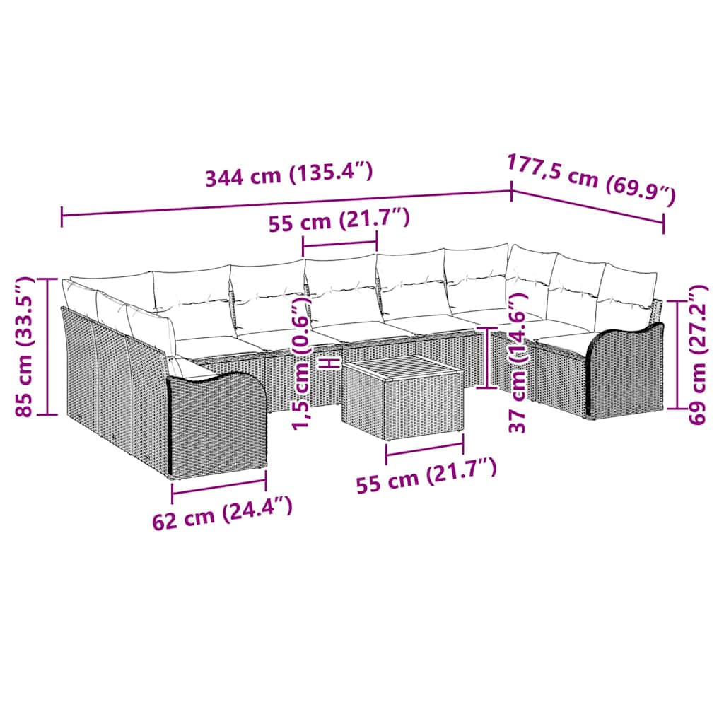 Sjedeća garnitura za vrt 11 kom. Crna poliratan 344 x 177,5 x 69 cm