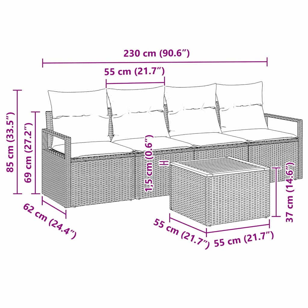 Sjedeća garnitura za vrt 5 kom. Crna poliratan 230 x 62 x 69 cm