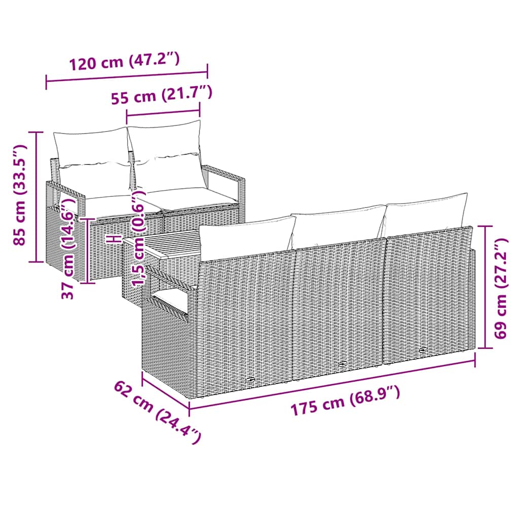 Sjedeća garnitura za vrt 6 kom. Bež i krema poliratan 175 x 62 x 69 cm
