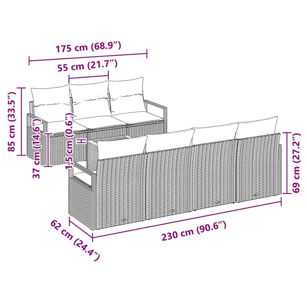 Sjedeća garnitura za vrt 8 kom. Siva poliratan 230 x 62 x 69 cm