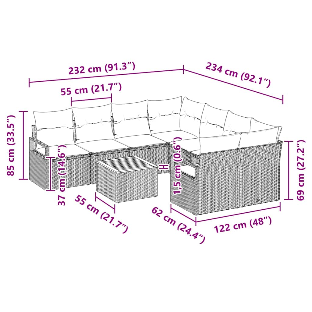 Sjedeća garnitura za vrt 9 kom. Bež i krema poliratan 232 x 234 x 69 cm