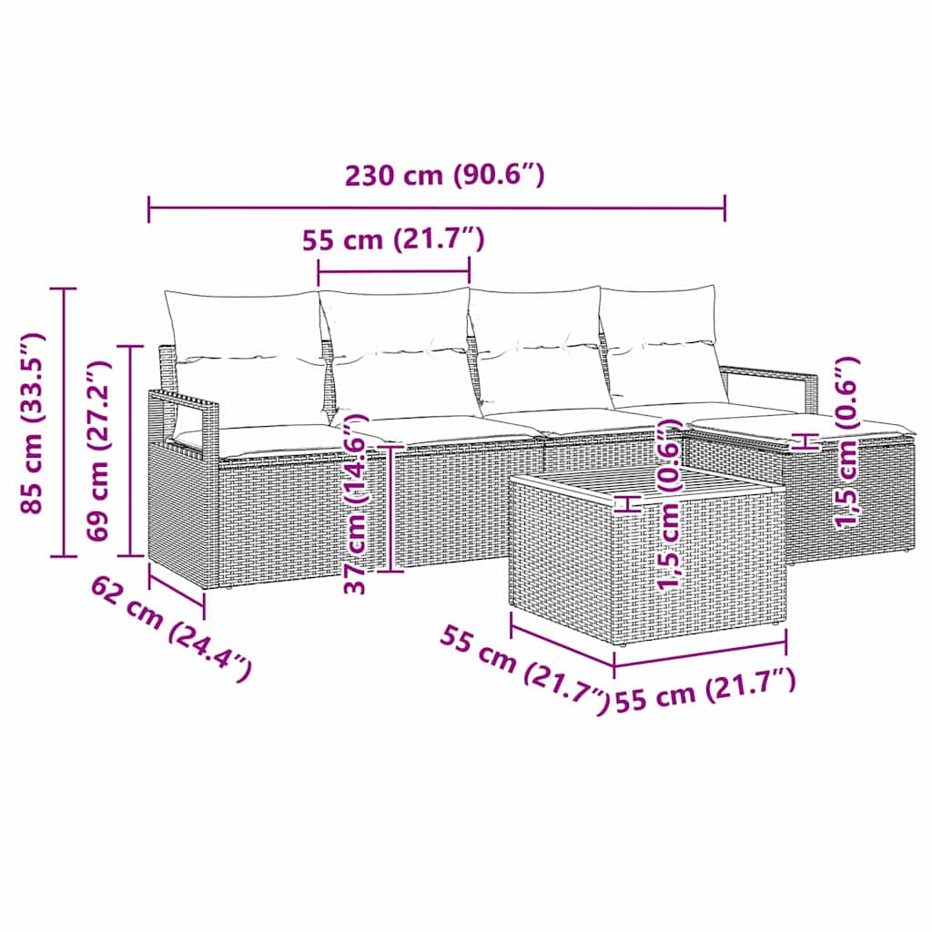 Sjedeća garnitura za vrt 6 kom. Bež i krema poliratan 230 x 62 x 69 cm