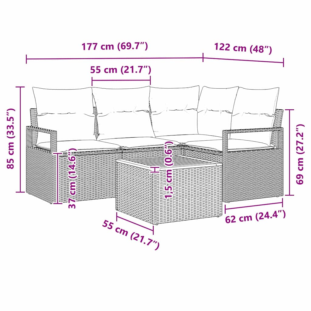 Sjedeća garnitura za vrt 5 kom. Bež i krema poliratan 177 x 122 x 69 cm