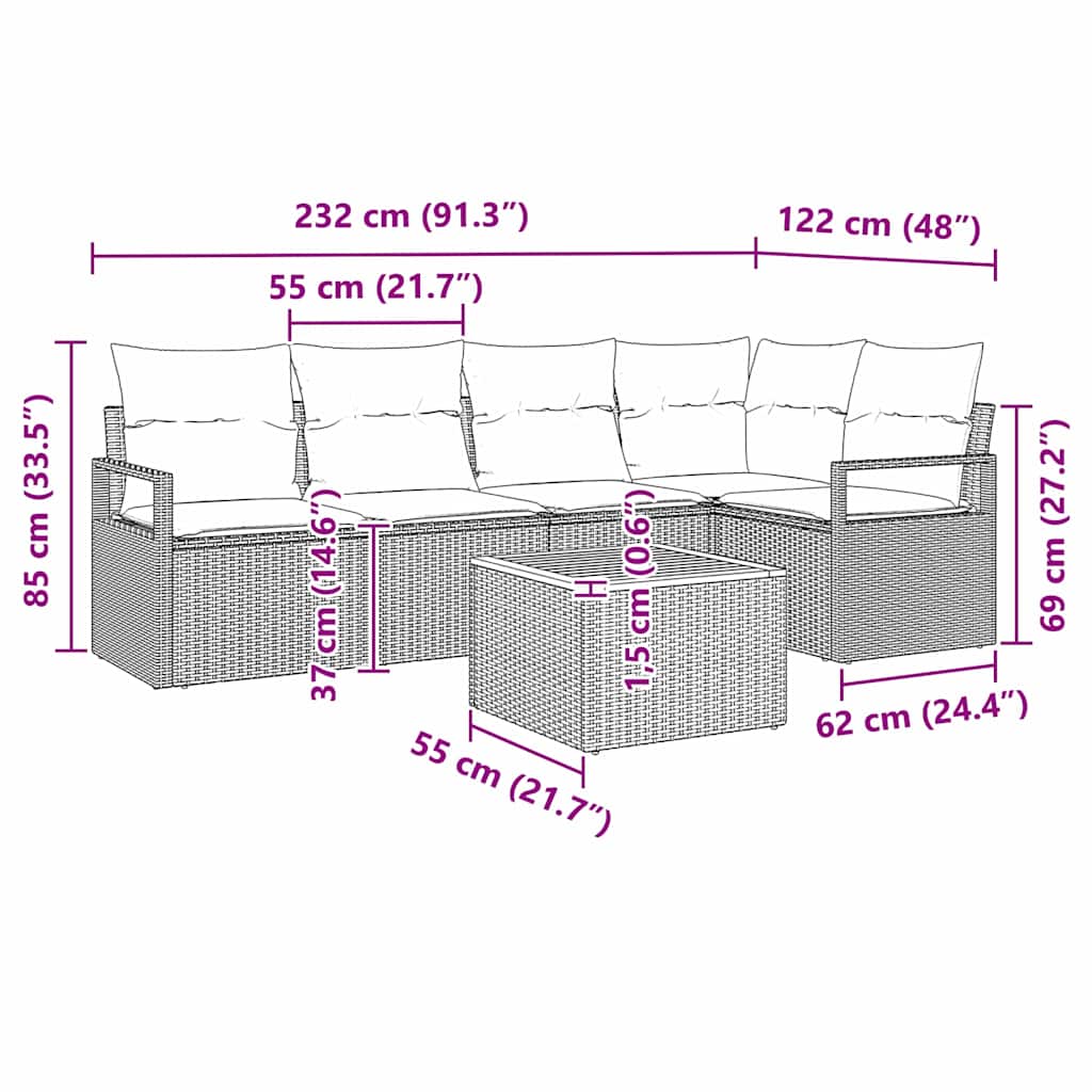 Sjedeća garnitura za vrt 6 kom. Bež i krema poliratan 232 x 122 x 69 cm