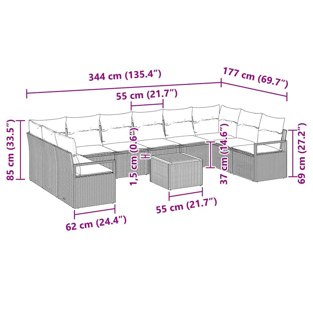 Sjedeća garnitura za vrt 11 kom. Siva poliratan 344 x 177 x 69 cm