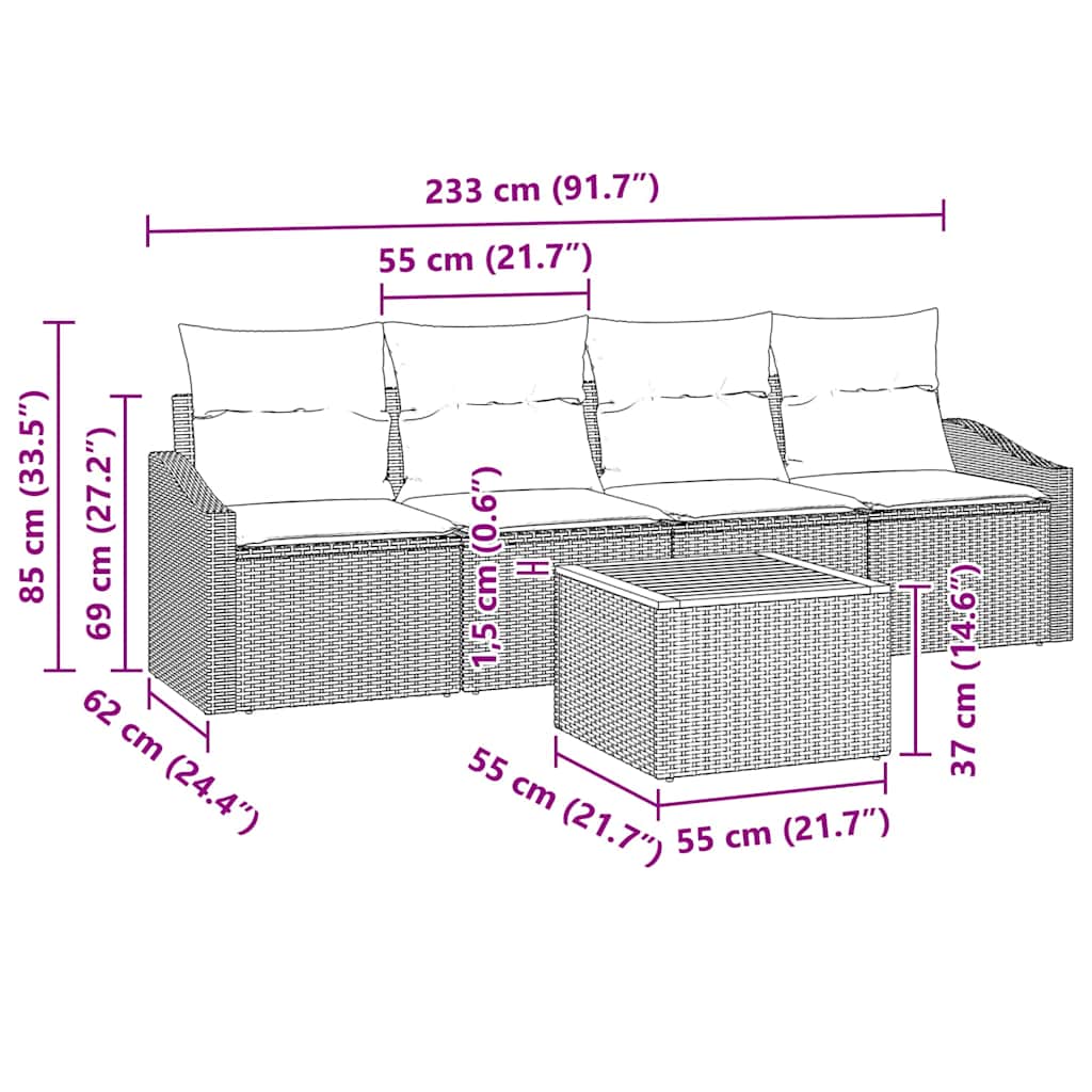 Sjedeća garnitura za vrt 5 kom. Siva poliratan 233 x 62 x 69 cm
