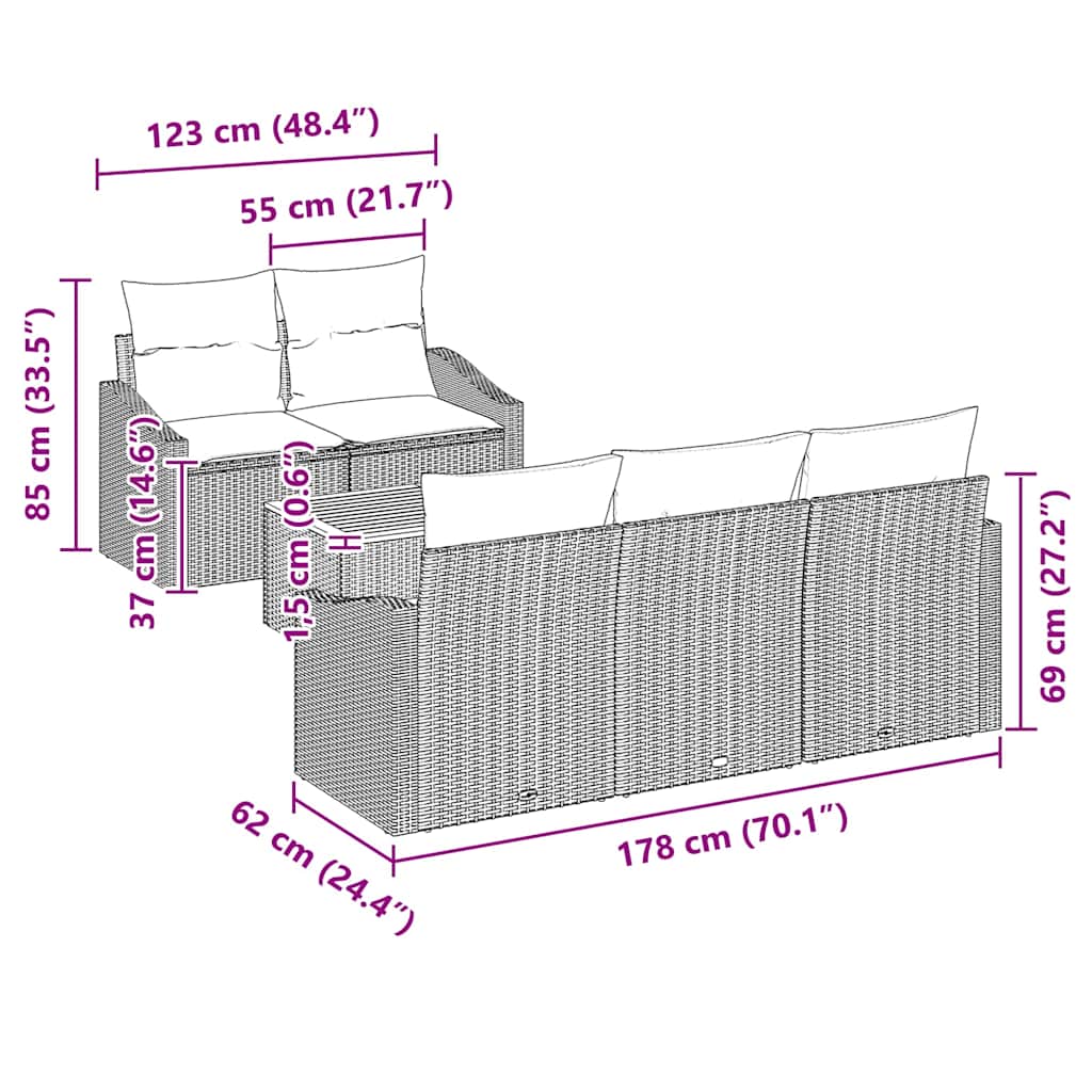 Sjedeća garnitura za vrt 6 kom. Bež i krema poliratan 123 x 62 x 69 cm