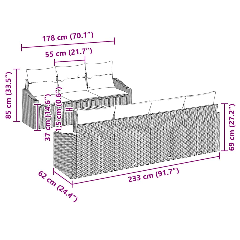 Sjedeća garnitura za vrt 8 kom. Crna i Krema poliratan 233 x 62 x 69 cm
