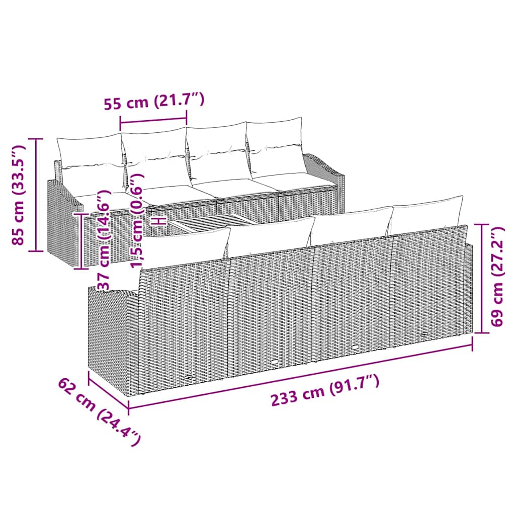 Sjedeća garnitura za vrt 9 kom. Siva poliratan 233 x 62 x 69 cm