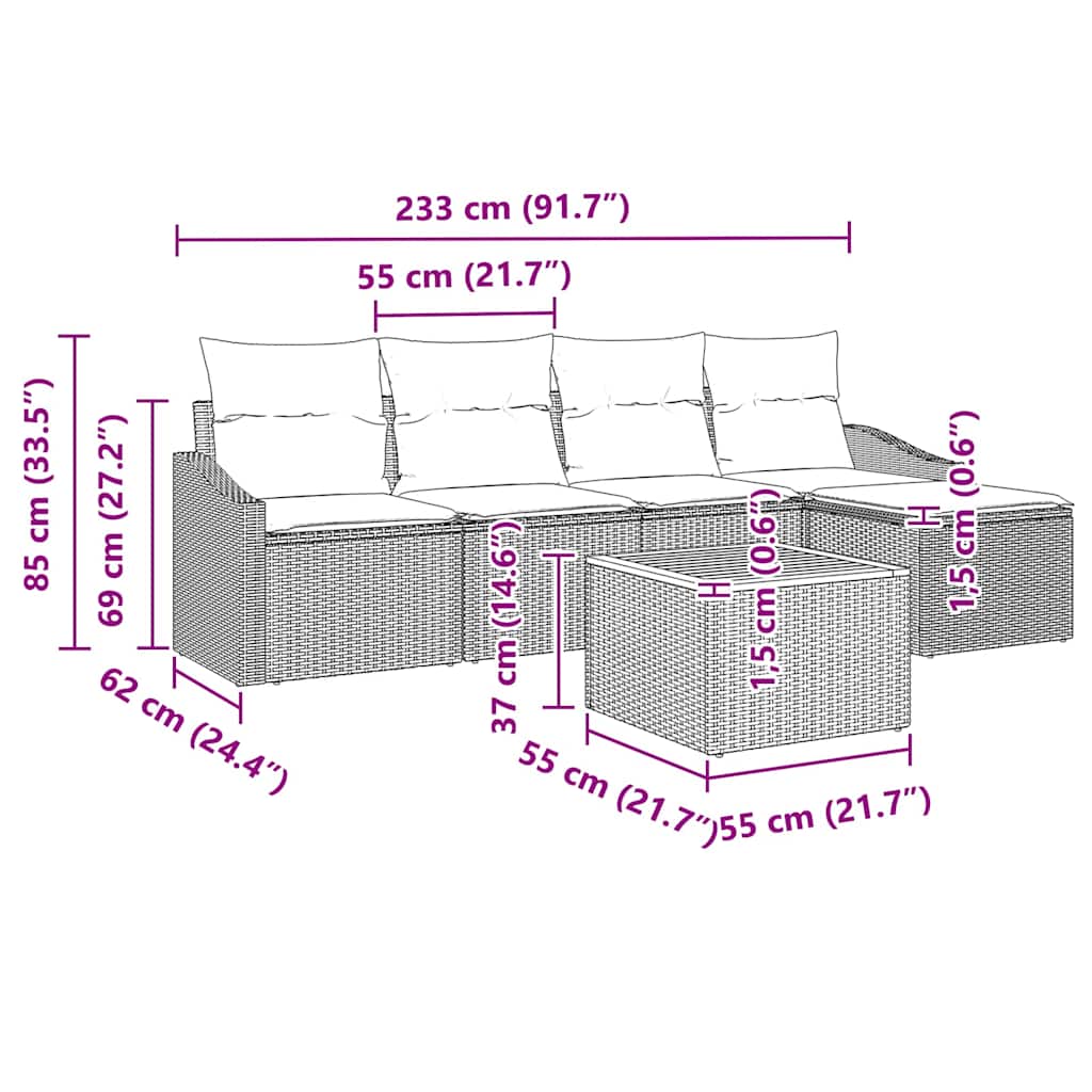 Sjedeća garnitura za vrt 6 kom. Crna poliratan 233 x 117 x 69 cm