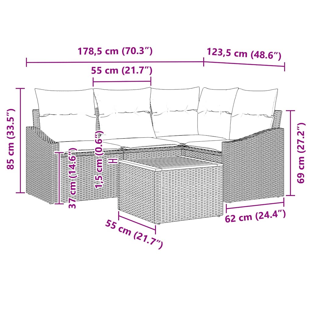 Sjedeća garnitura za vrt 5 kom. Crna poliratan 178,5 x 123,5 x 69 cm
