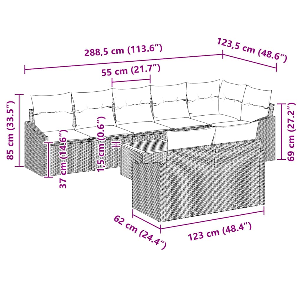 Sjedeća garnitura za vrt 9 kom. Crna poliratan 288,5 x 123,5 x 69 cm