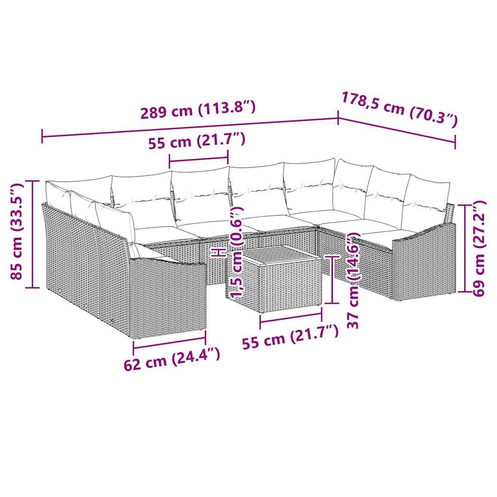 Sjedeća garnitura za vrt 10 kom. Crna poliratan 289 x 178.5 x 69 cm