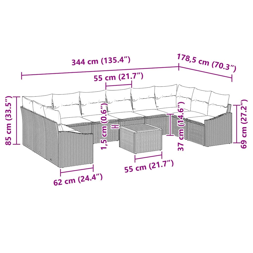 Sjedeća garnitura za vrt 11 kom. Siva poliratan 344 x 178,5 x 69 cm