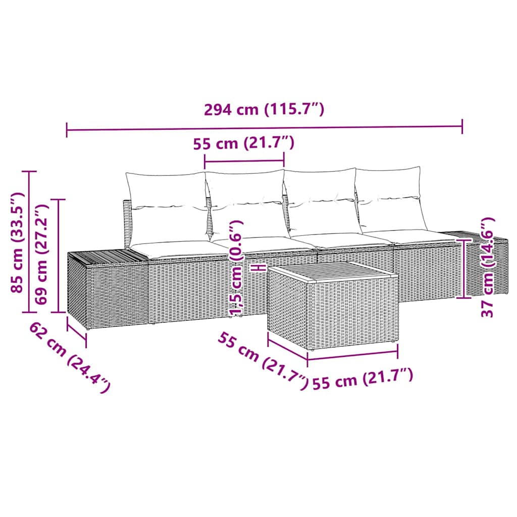 Sjedeća garnitura za vrt 5 kom. Siva poliratan 294 x 62 x 69 cm