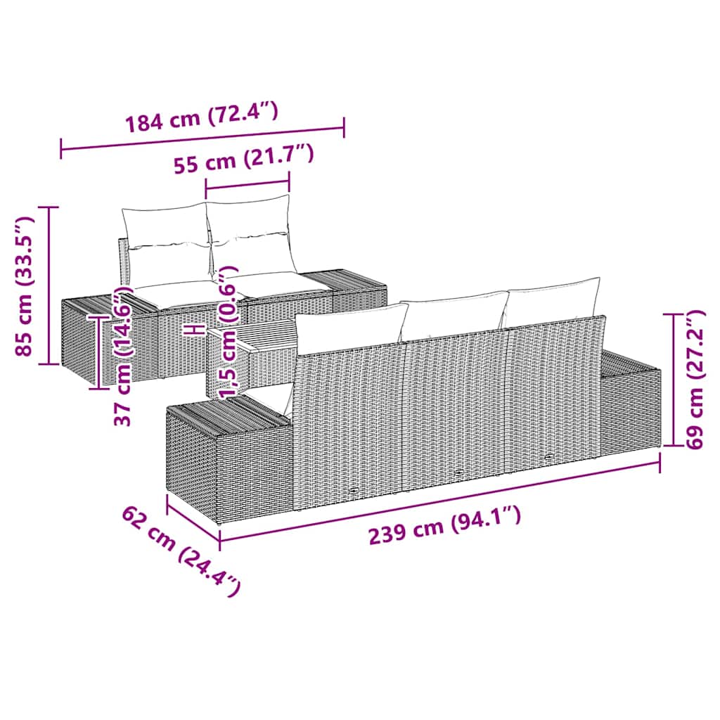 Sjedeća garnitura za vrt 6 kom. Bež i svijetlo siva poliratan 239 x 62 x 69 cm