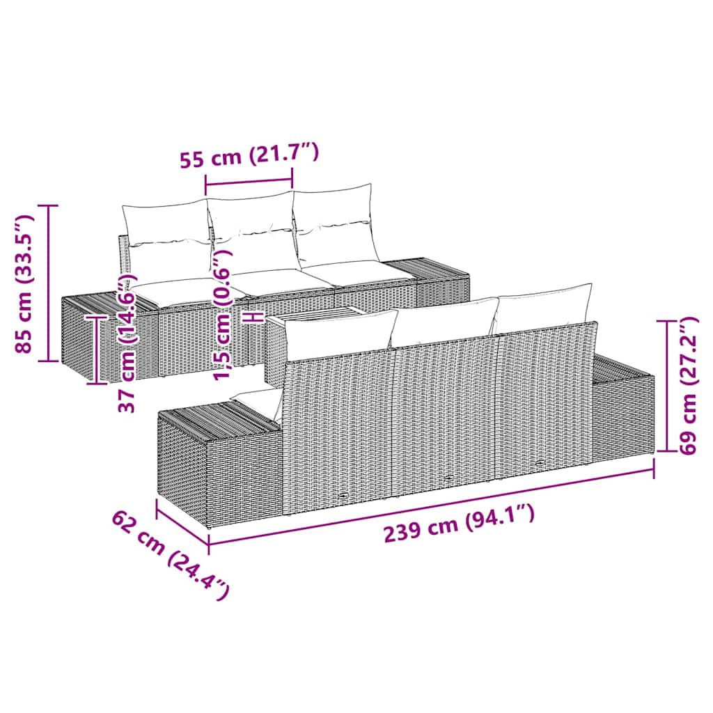 Sjedeća garnitura za vrt 7 kom. Siva poliratan 239 x 62 x 69 cm